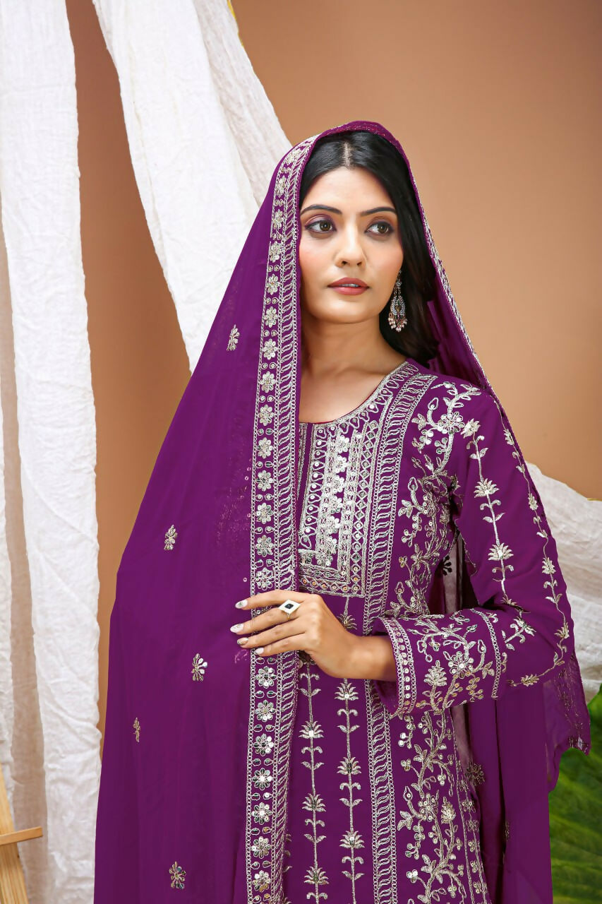 Teeya Creation Wine Faux Georgette Embroidery Work Wedding Wear Salwar Suit - Distacart