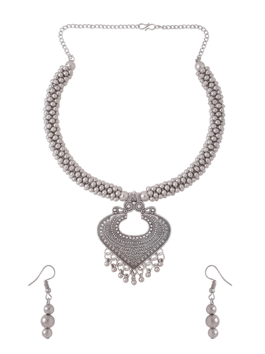 NVR Women Silver Toned Oxidised Jewellery Set