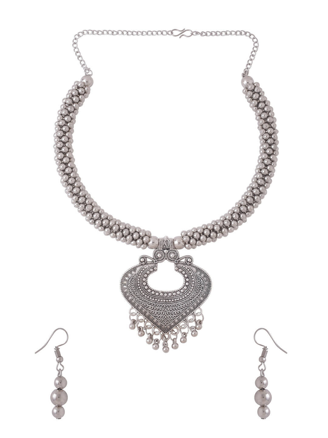 NVR Women Silver Toned Oxidised Jewellery Set