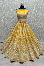 Jyoti Fashion Women's Yellow Net Patterned Thread Embroidered with Sequins Wedding Lehenga Choli