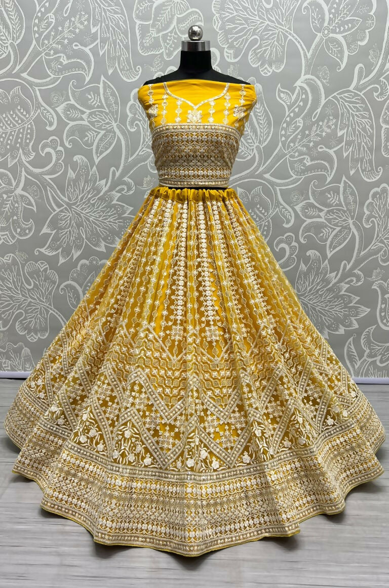 Jyoti Fashion Women's Yellow Net Patterned Thread Embroidered with Sequins Wedding Lehenga Choli