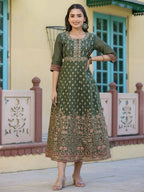 Juniper Women Olive Chanderi Printed Maxi Dress with Embroidered Yoke - Distacart