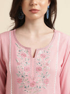 Pink Viscose Rayon Yoke Embroidered A-line Top - Tarini