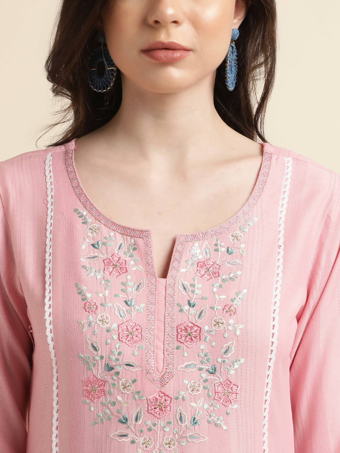 Pink Viscose Rayon Yoke Embroidered A-line Top - Tarini