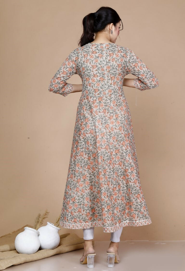 Miravan Women's Partywear Brown Floral Printed Gota Work Long Anarkali With Dupatta Set