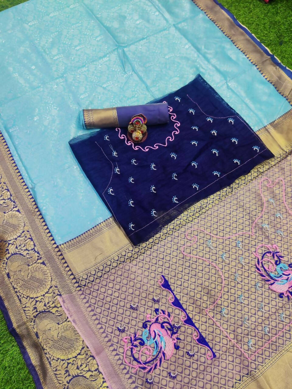 DEIANA'S Beautiful Designer Golden zari Soft Lichi Silk Saree - Sky