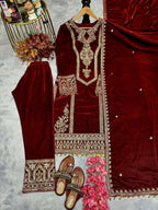 Teeya Creation Maroon Color Velvet Fabric Designer Embroidery Work Suit - Distacart