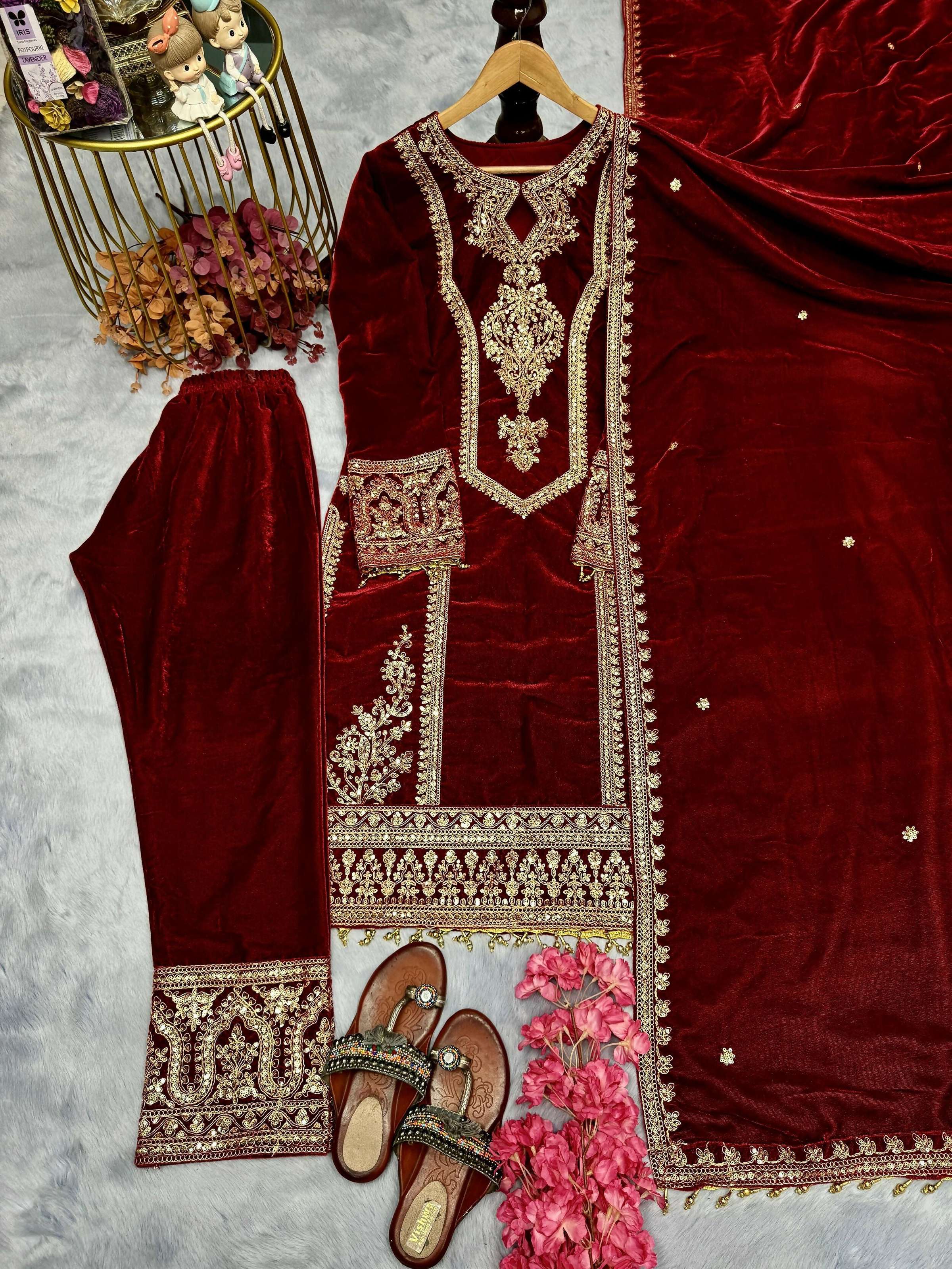 Teeya Creation Maroon Color Velvet Fabric Designer Embroidery Work Suit - Distacart