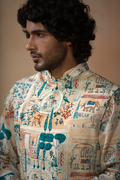 Classic Forest Print Silk Nehrujacket Set by Hilo Design