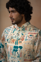 Classic Forest Print Silk Nehrujacket Set by Hilo Design