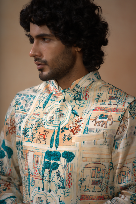 Classic Forest Print Silk Nehrujacket Set by Hilo Design