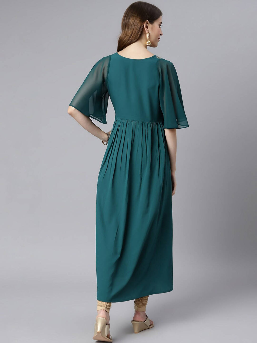Janasya Teal Yoke Design Flared Sleeves Crepe Anarkali Kurta - Distacart