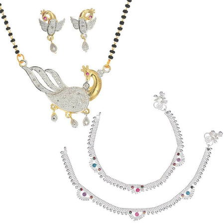 AanyaCentric Gold-Polished Mangalsutra Pendant Earring Set & Silver Plated Anklet