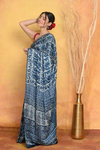 Very Much Indian Modal Silk Ajrakh Handblock Printed Natural Dyes Sleek Border Saree - Powder Blue