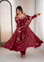 Teeya Creation Maroon Color Crunchy Silk Embroidery Work Wedding Wear Gown - Distacart