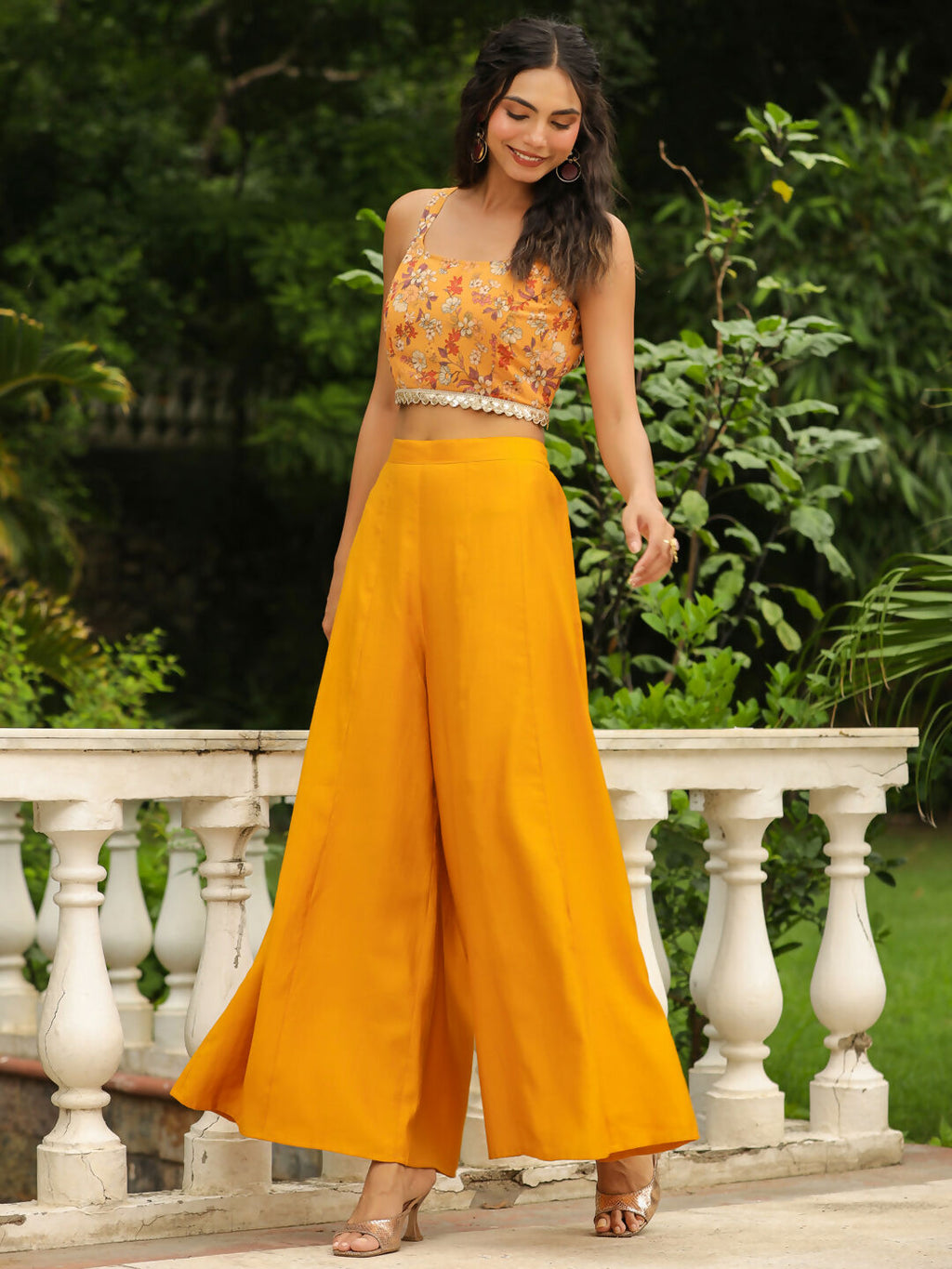 Janasya Mustard Georgette Floral Top Bottom Cape