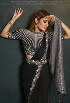 Black Silk Crepe Satin Cord Sequence & Thread Embroidered & Stone Work Saree - Moh-Manthan Royal Enigma - Distacart