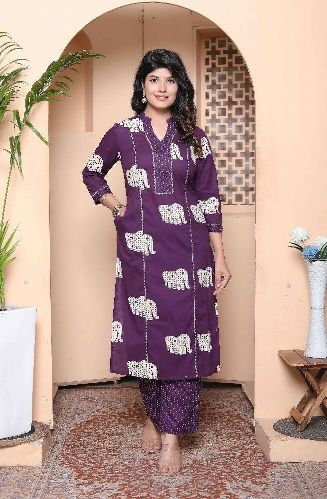 Miravan Womens Purple Printed Kurta With Palazzo - Distacart