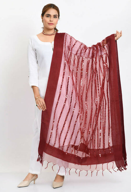 Mominos Fashion Moeza Women's Orgenza Mirror Stripe Thread Work Maroon Dupatta