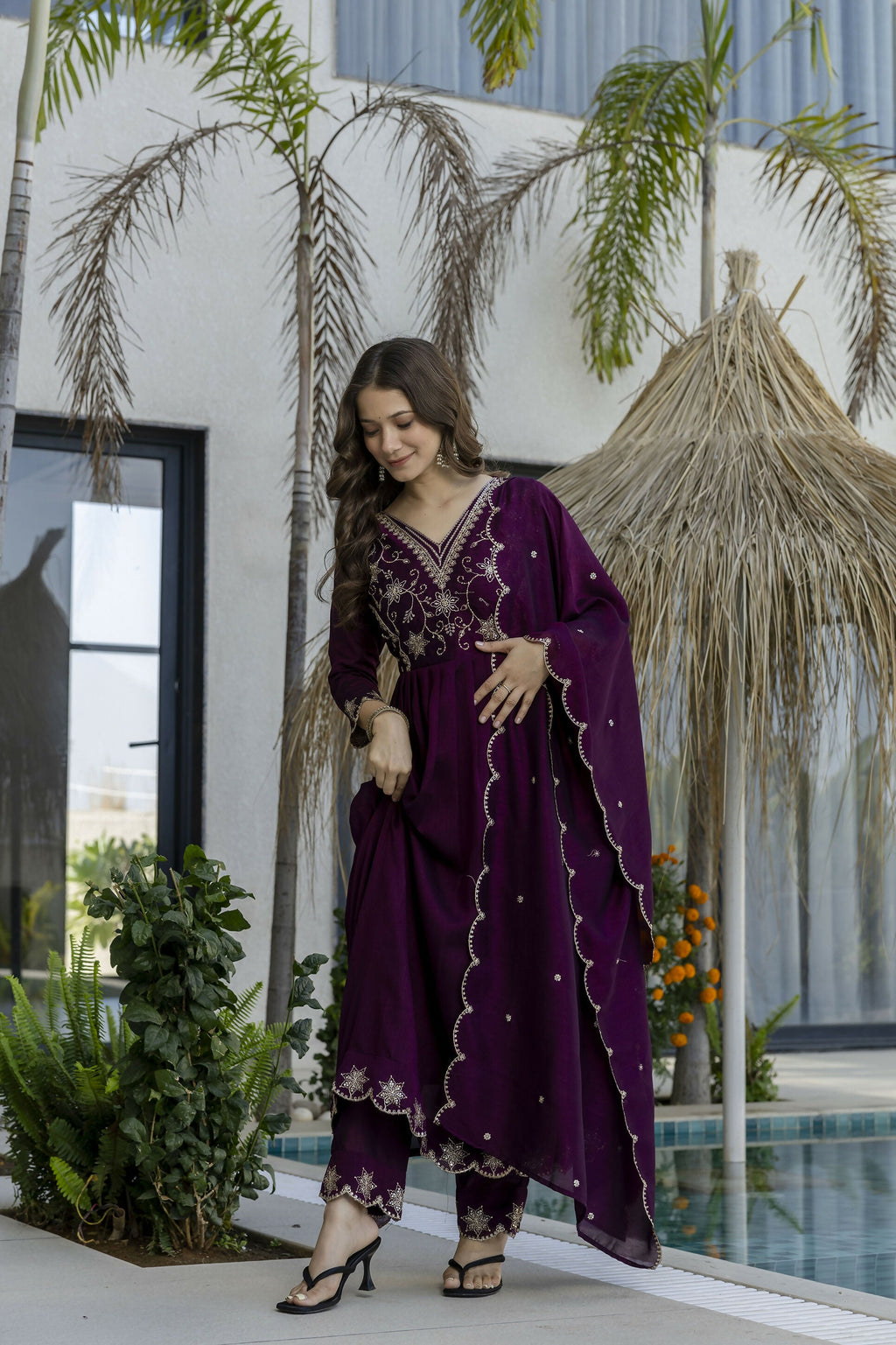 The52 Women's Beautiful Embroidery Work Vichitra Silk Fabric Flared Anarkali Pant and Dupatta Set - Distacart