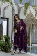 The52 Women's Beautiful Embroidery Work Vichitra Silk Fabric Flared Anarkali Pant and Dupatta Set - Distacart