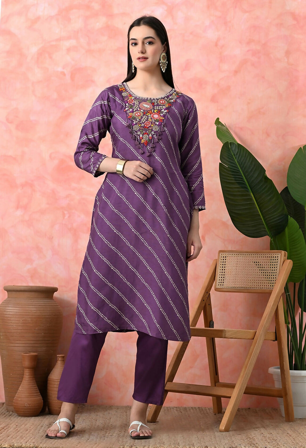 Joban Fashion Mauve Premium Pure Viscose Print Dola With Handwork Kurta Set