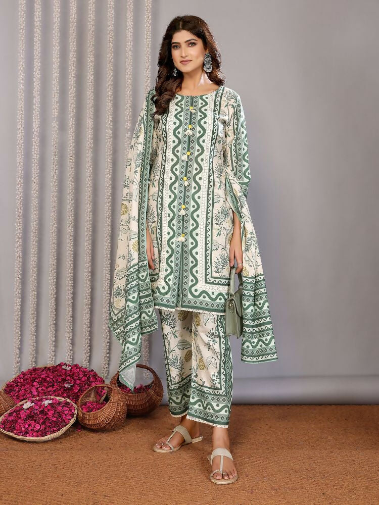 Joban Fashion Women Off White & Forest Green Linen Printed Stitched Kurta Set - Distacart