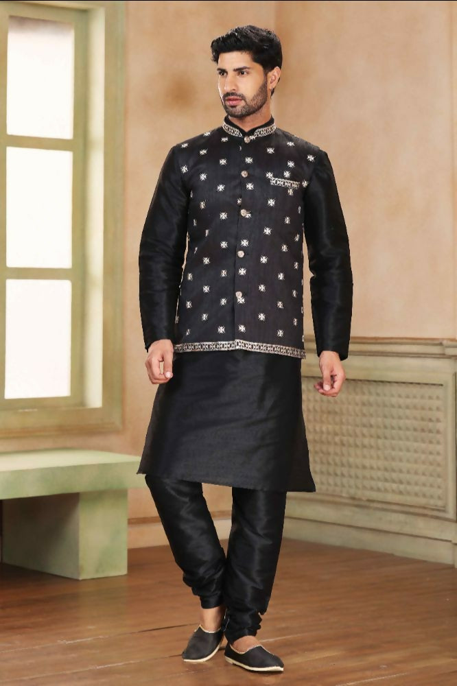Raivat Ethnic Jacquard Banarasi Silk Woven Work 3 Pics Jacket Set In Black Colour - Distacart