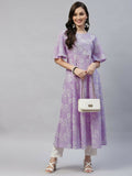 Miravan Women's Levender Floral Printed Anarkali Kurta