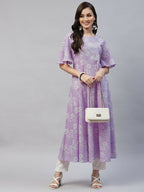 Miravan Women's Levender Floral Printed Anarkali Kurta