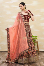 Maroon Velvet Semi-Stitched Wedding Bridal Lehenga - Nimaya