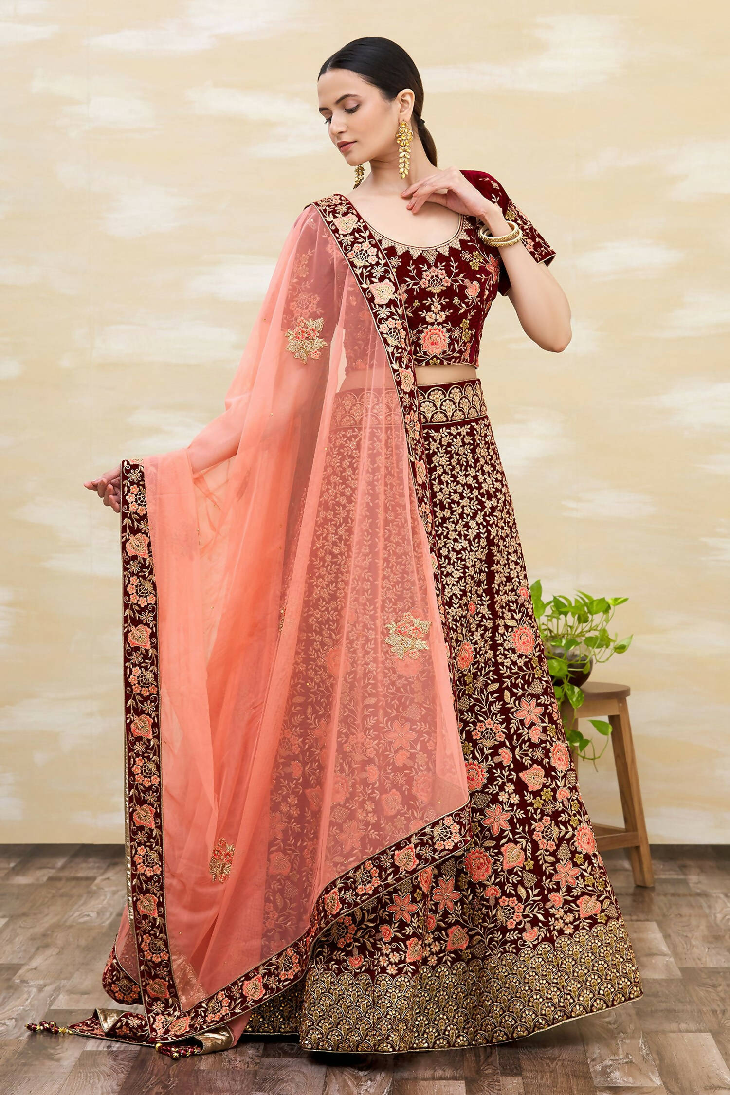 Maroon Velvet Semi-Stitched Wedding Bridal Lehenga - Nimaya