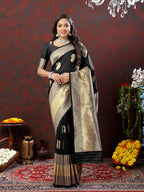 Lorenvalley Fashion Black Soft Silk Woven Design Gold Zari Weaving Saree