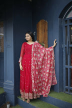 Aayaa Designer Embroidery Zari Sequins-Work Faux Blooming Georgette Suit - Red - Distacart