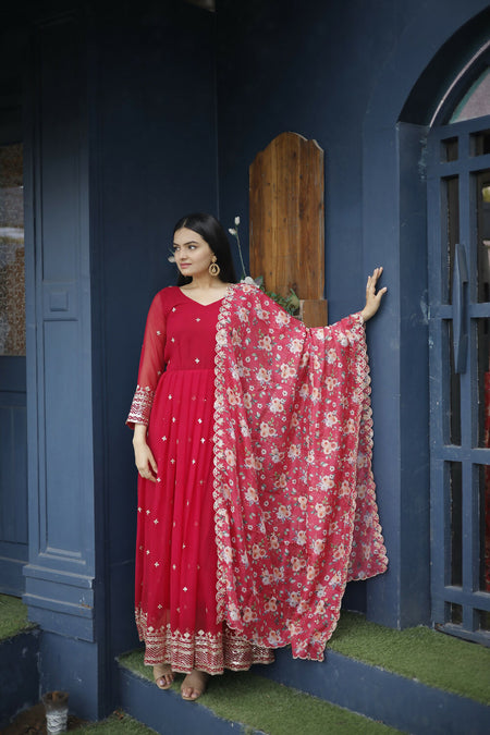 Aayaa Designer Embroidery Zari Sequins-Work Faux Blooming Georgette Suit - Red