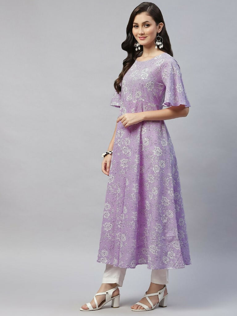 Miravan Women's Levender Floral Printed Anarkali Kurta