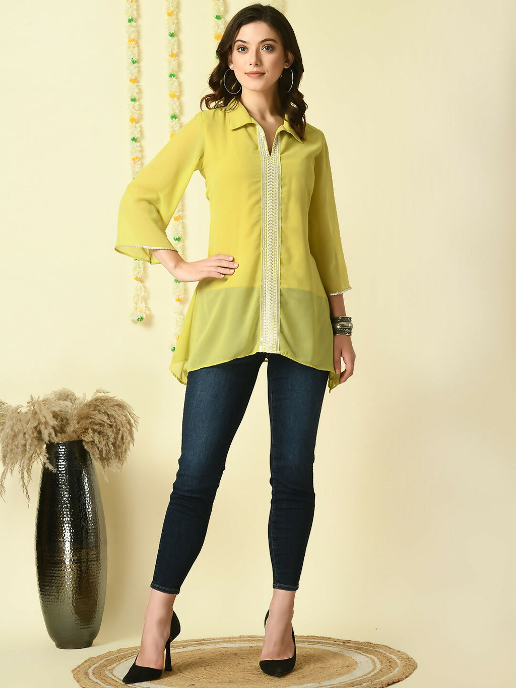 Myshka Women's Yellow Embroidered Party Fusion Top