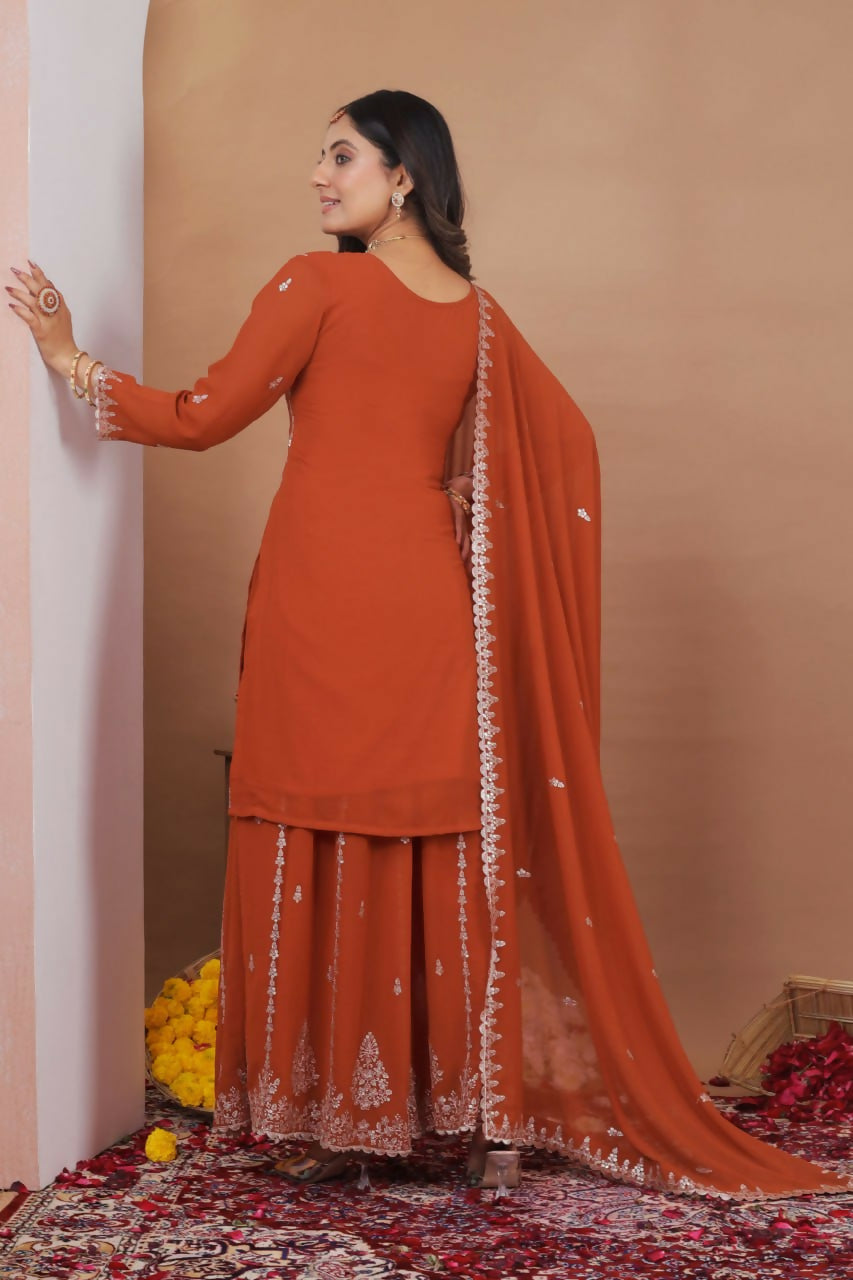 Joban Fashion Dark Orange Georgette Embroidered Sharara Set - Distacart