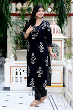 Miravan Women's Cotton Gota Patti Black Floral Printed Straight Kurta Palazzo Set