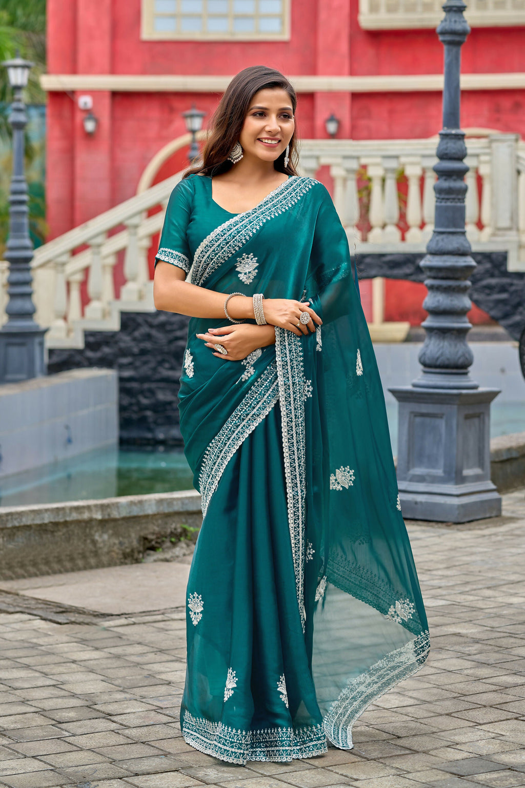 Vastranavya Rama Embroidery Work Shimmer Chiffon Saree with Unstitched Blouse - Distacart