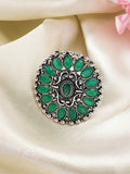 NVR Women's Green Silver-Plated Circular Shape Adjustable Finger Ring