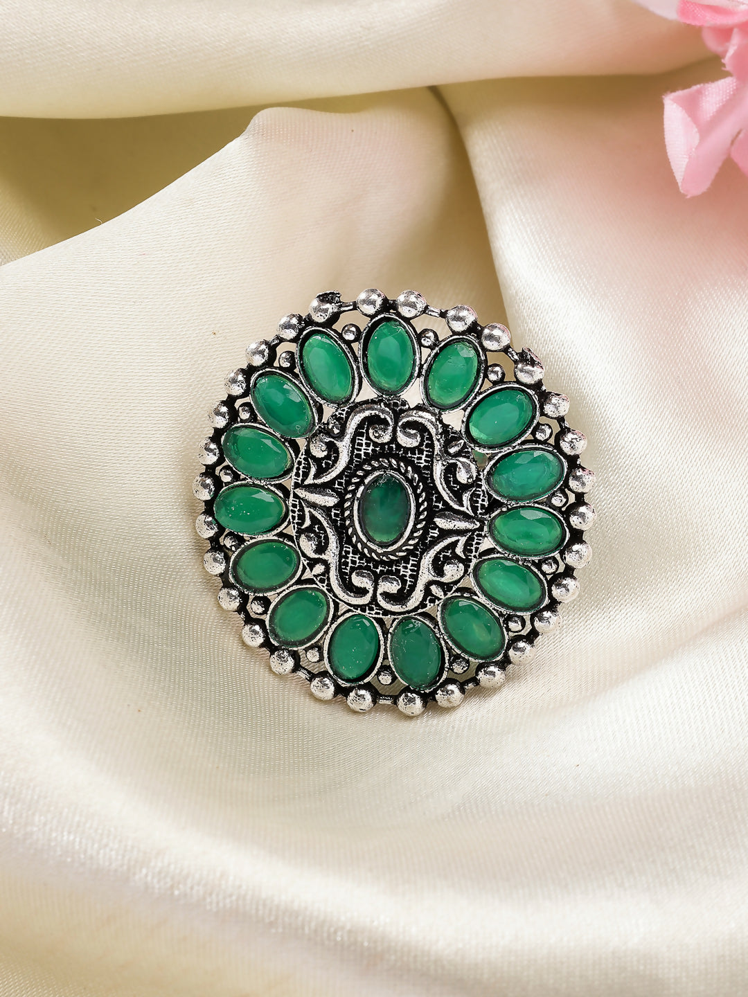 NVR Women's Green Silver-Plated Circular Shape Adjustable Finger Ring