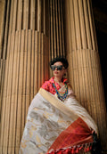 Petunia Flower Whitesoft Handloom Sik Zari & Thread Work, Contrast Pallu Saree - Rajtex Kube Silk