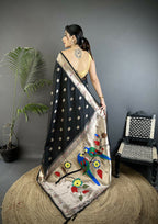Joban Fashion Black Peacock & Floral Motifs Soft Silk Kanchipuram Saree - Distacart