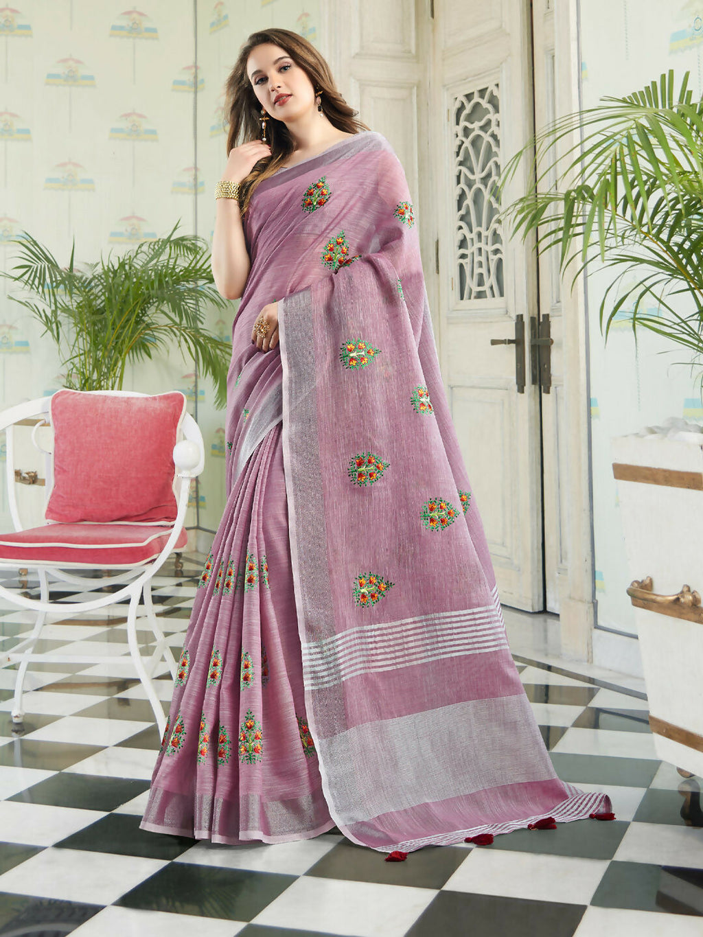 Shree Shyam Fashion Linen Light Purple Saree - Distacart