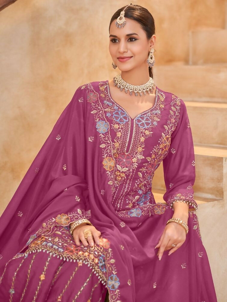 Anaita Magenta Vichitra Silk Readymade Palazzo Suit with Embroidery & Lace Work - Distacart
