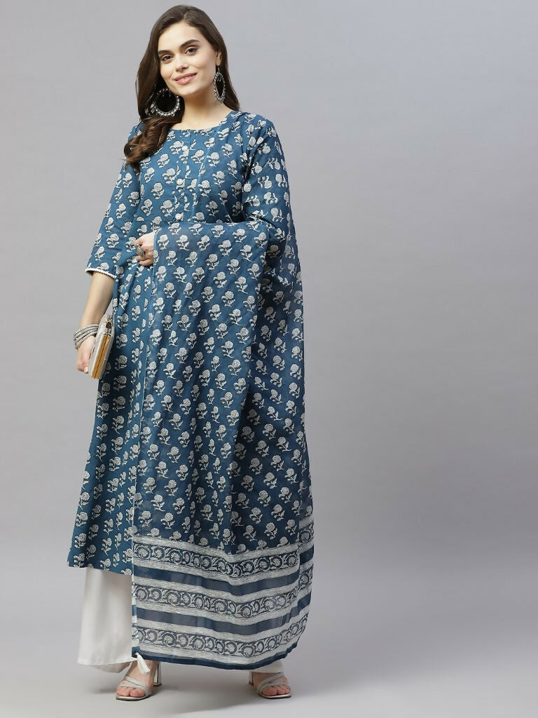 Miravan Women's Cotton Floral Print Anarkali Kurta With Dupatta