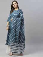 Miravan Women's Cotton Floral Print Anarkali Kurta With Dupatta