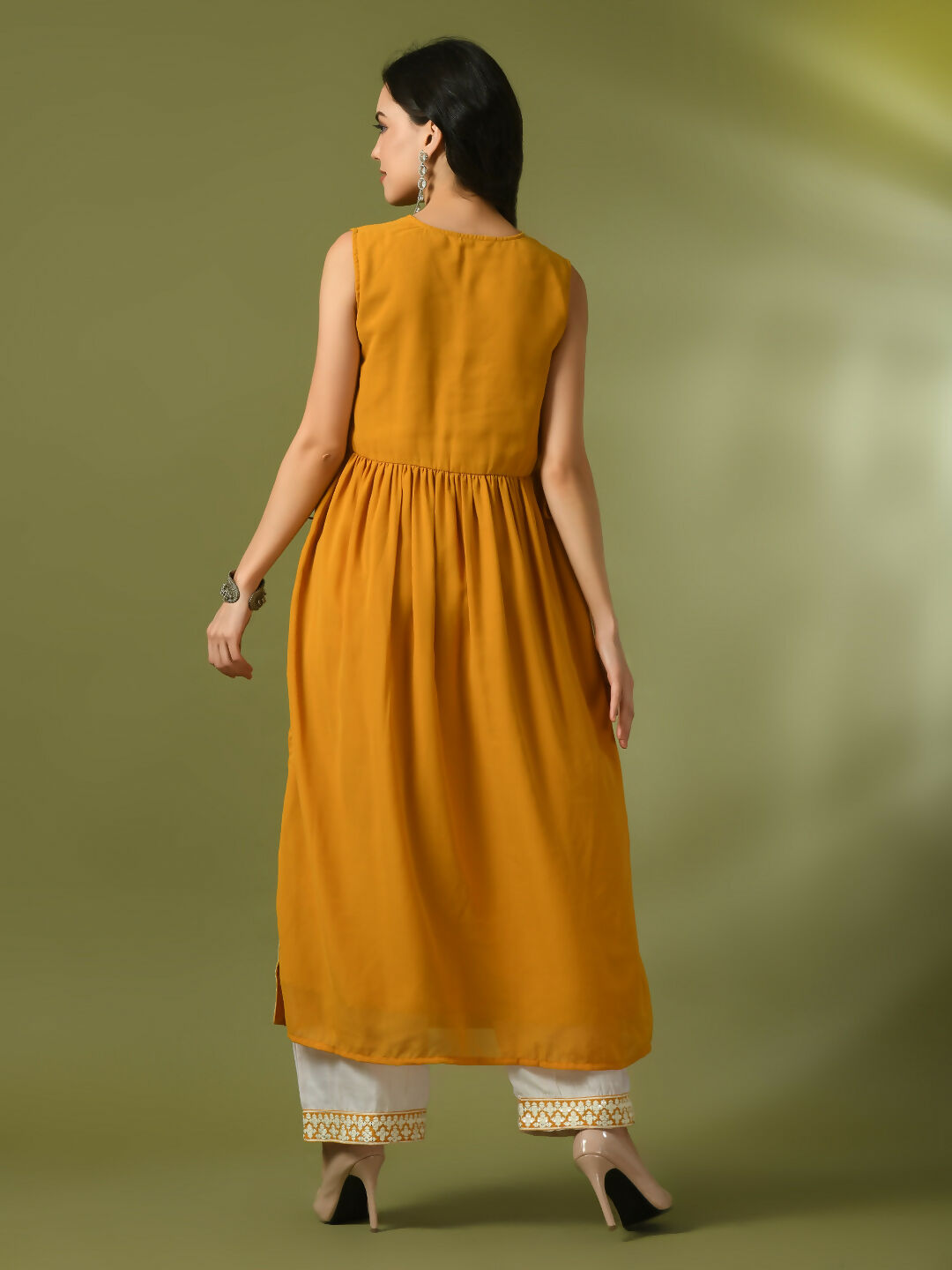 Myshka Women's Yellow Solid Georgette Anarkali Party Kurta Set