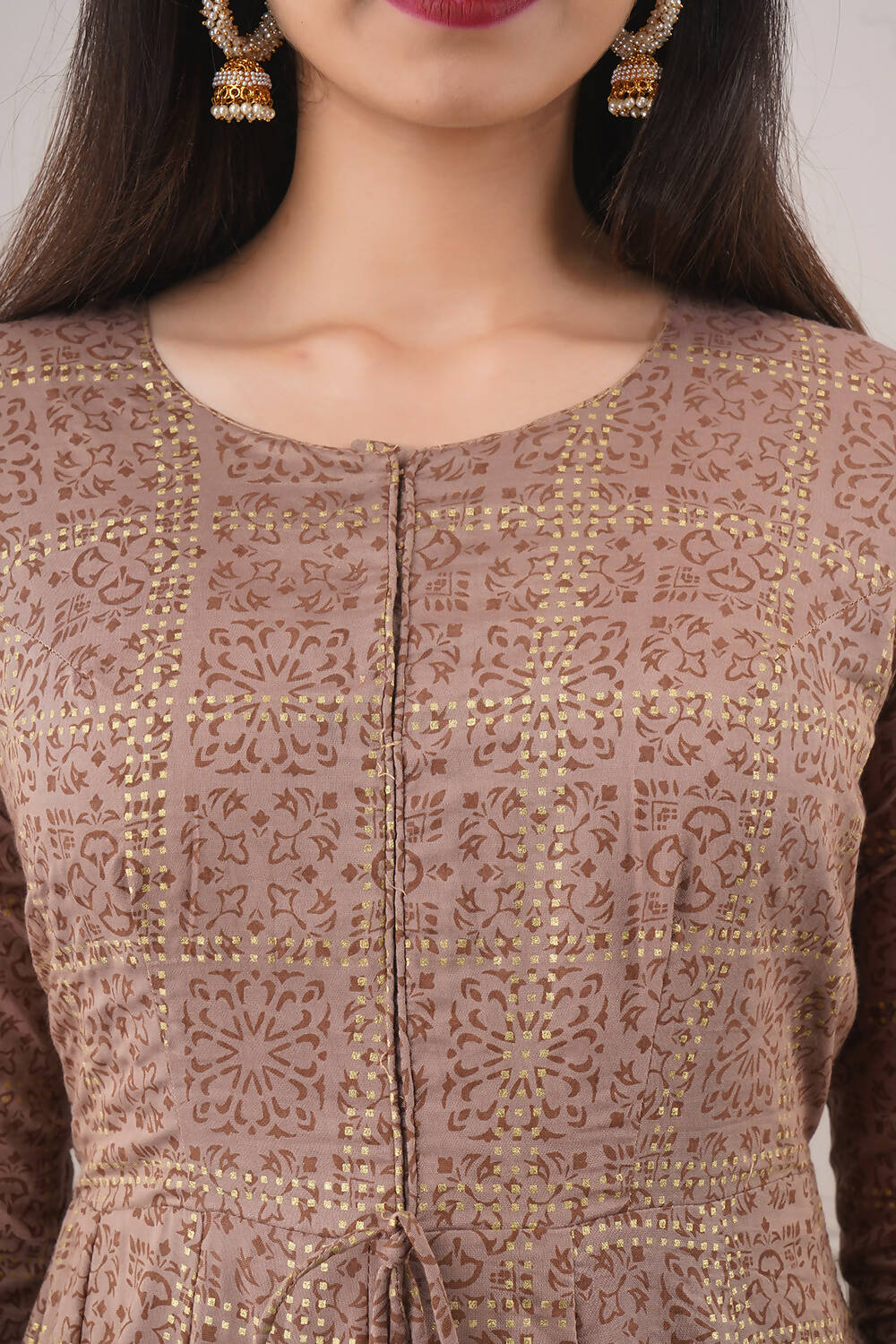 Partywear Designer Hand Screen and Foil Print Lightbrown Pure chanderi Gown - Anbazaar - Distacart